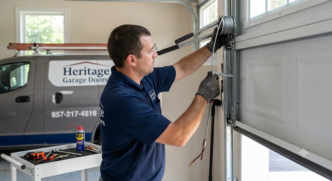 Snapping metal lifting cable on a residential garage door system